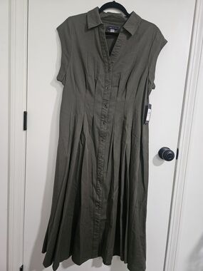 Tommy Hilfiger Olive Green Pleated Button-Front Midi Dress